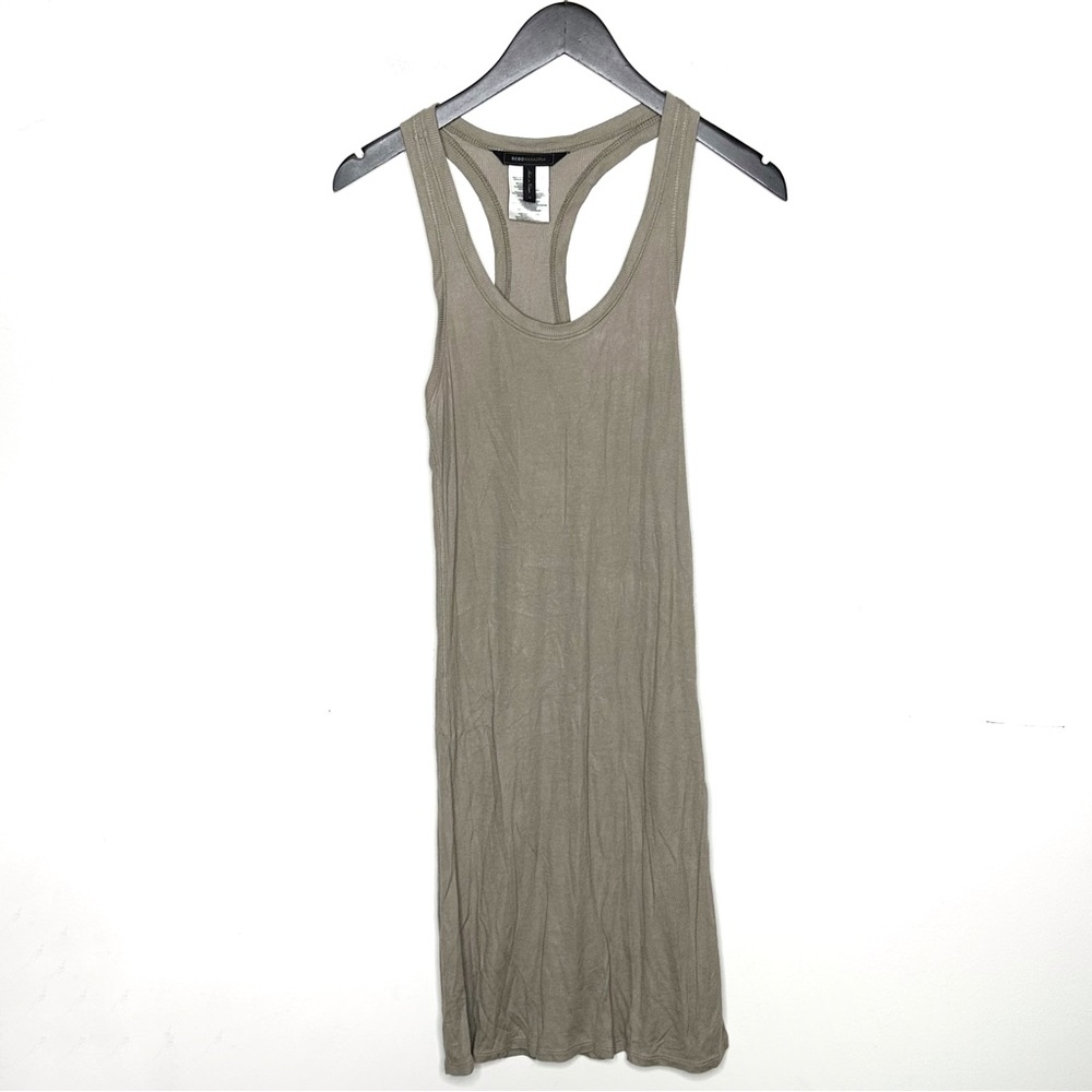BCBGMaxazria Hazel Tank Dress in Gravel Taupe Lyocell Ribbed Knit Racerback M - Picture 3 of 11